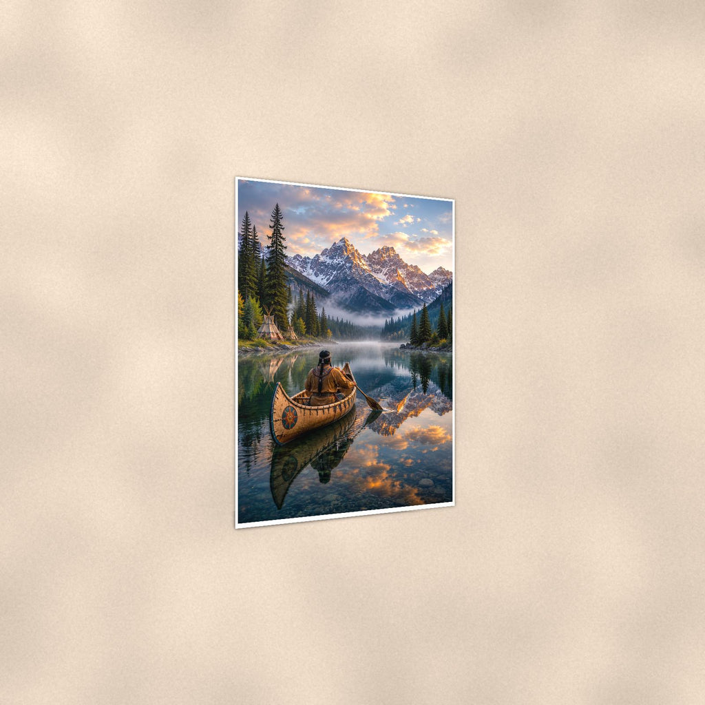 Mountain Canoe Lake — 24x36 in art print poster, premium luster paper with a white border; gentle three-quarter angle on a warm wall, showing the flat paper edge.