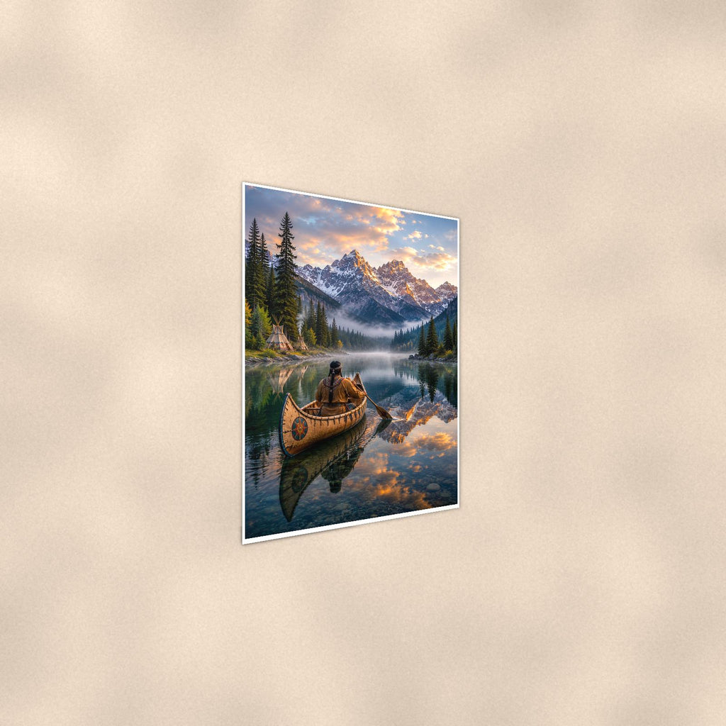 Mountain Canoe Lake — 24x36 in art print poster, premium luster paper with a white border; steeper three-quarter angle on a warm wall, catching the luster sheen.