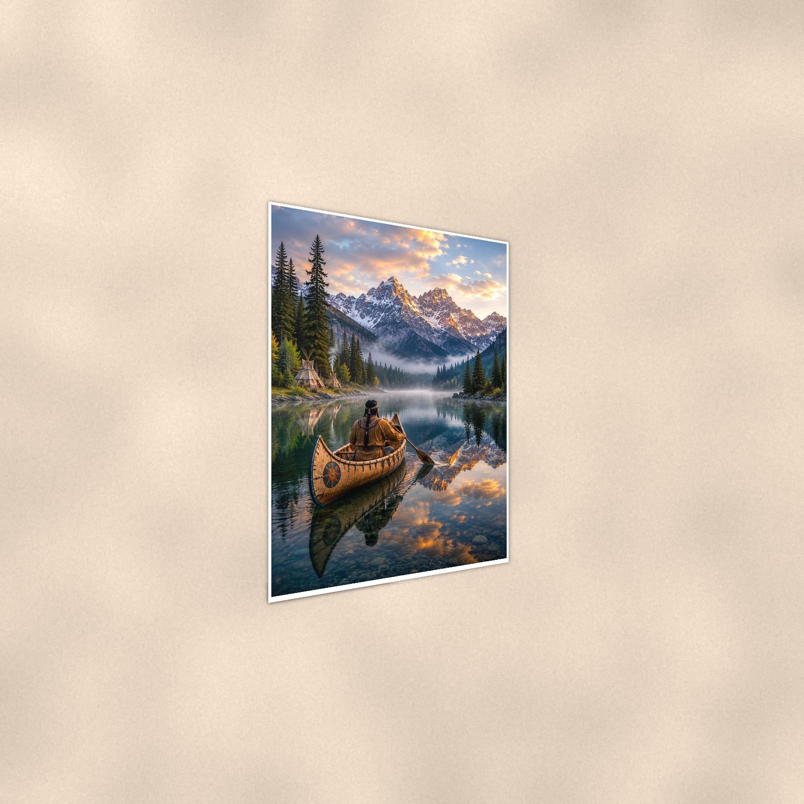 Mountain Canoe Lake — 24x36 in art print poster, premium luster paper with a white border; steeper three-quarter angle on a warm wall, catching the luster sheen.
