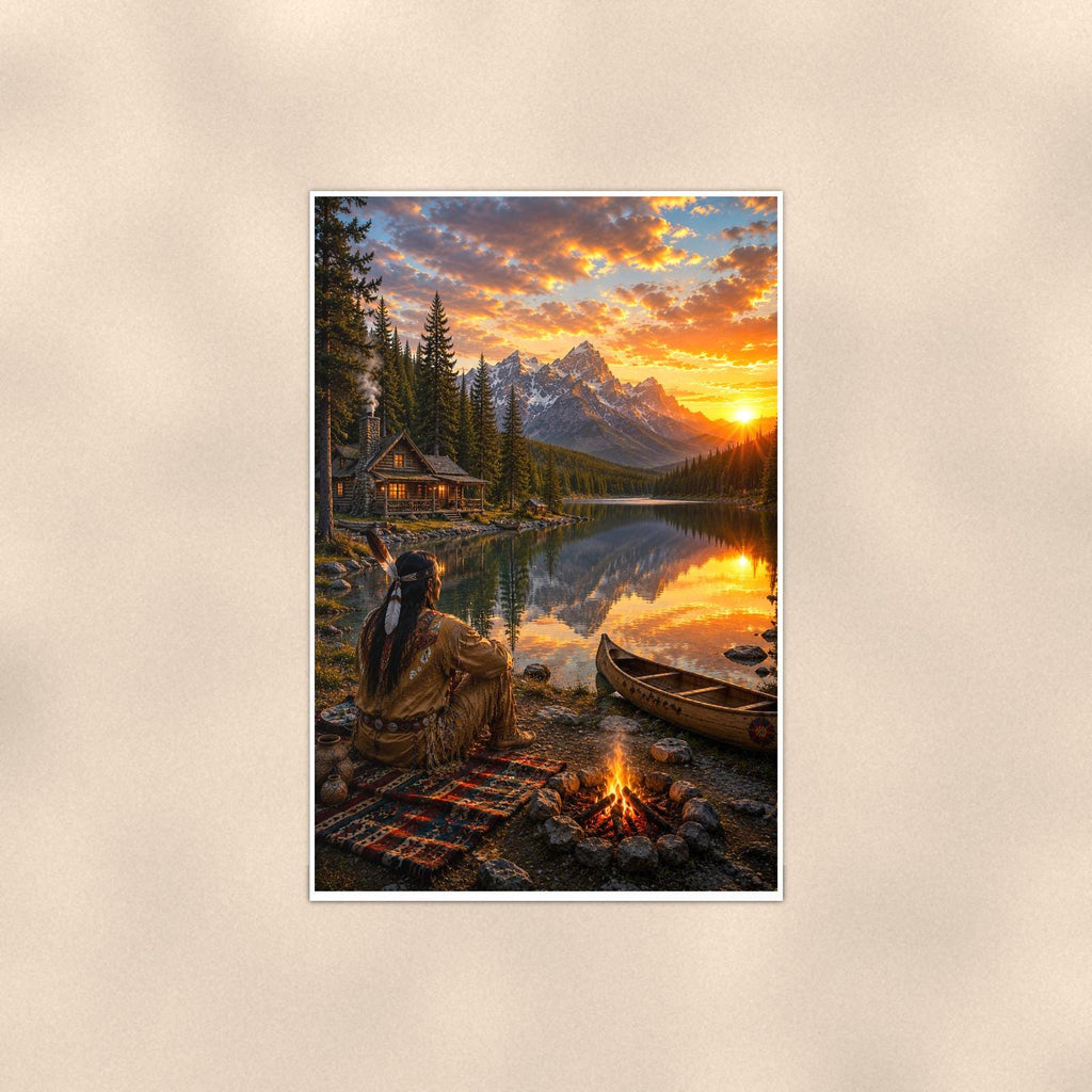 Lakeside Canoe Camp — 24x36 in art print poster, premium luster paper with a white border; poster shown straight on against a warm wall.