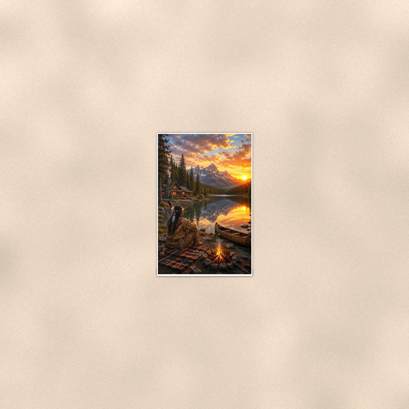 Lakeside Canoe Camp — 24x36 in art print poster, premium luster paper with a white border; poster seen from further back, at true 24x36 in scale on a warm wall.