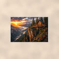 Cliffside Cabin Sunset — 36x24 in art print poster, premium luster paper with a white border; poster shown straight on against a warm wall.