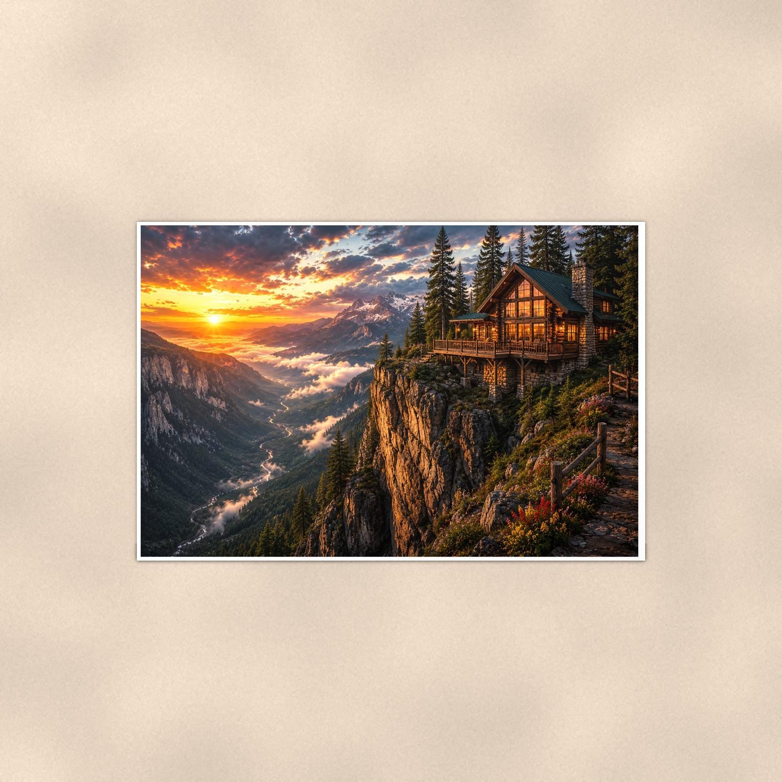 Cliffside Cabin Sunset — 36x24 in art print poster, premium luster paper with a white border; poster shown straight on against a warm wall.