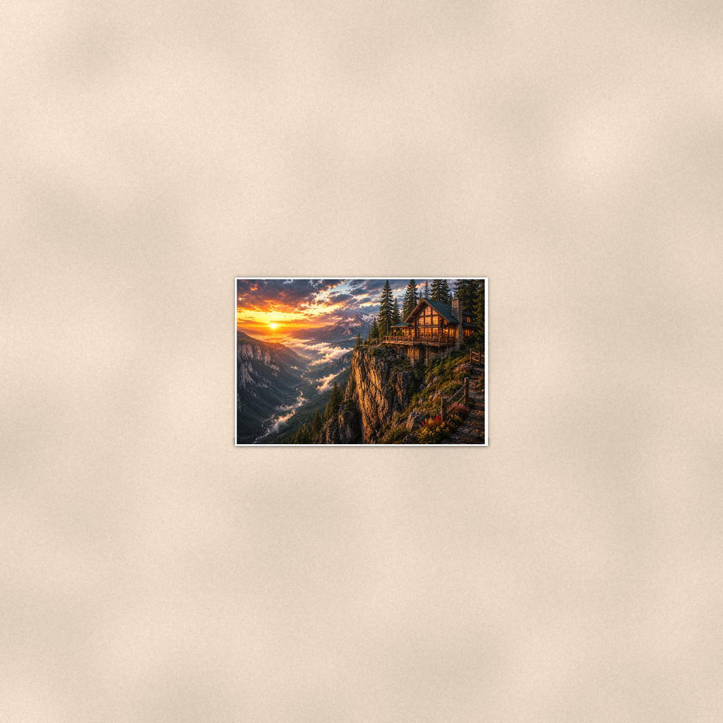 Cliffside Cabin Sunset — 36x24 in art print poster, premium luster paper with a white border; poster seen from further back, at true 24x36 in scale on a warm wall.