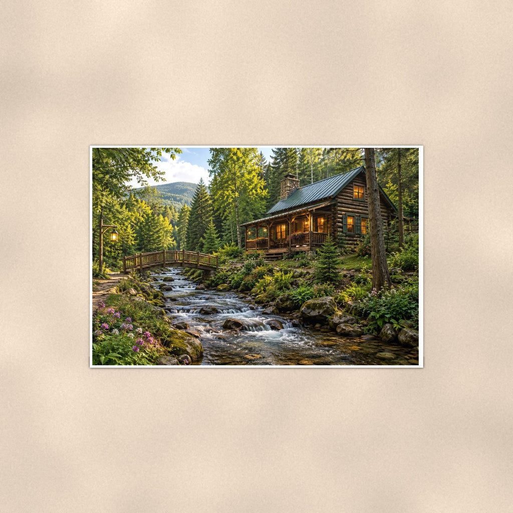Woodland Creek Cabin — 36x24 in art print poster, premium luster paper with a white border; poster shown straight on against a warm wall.