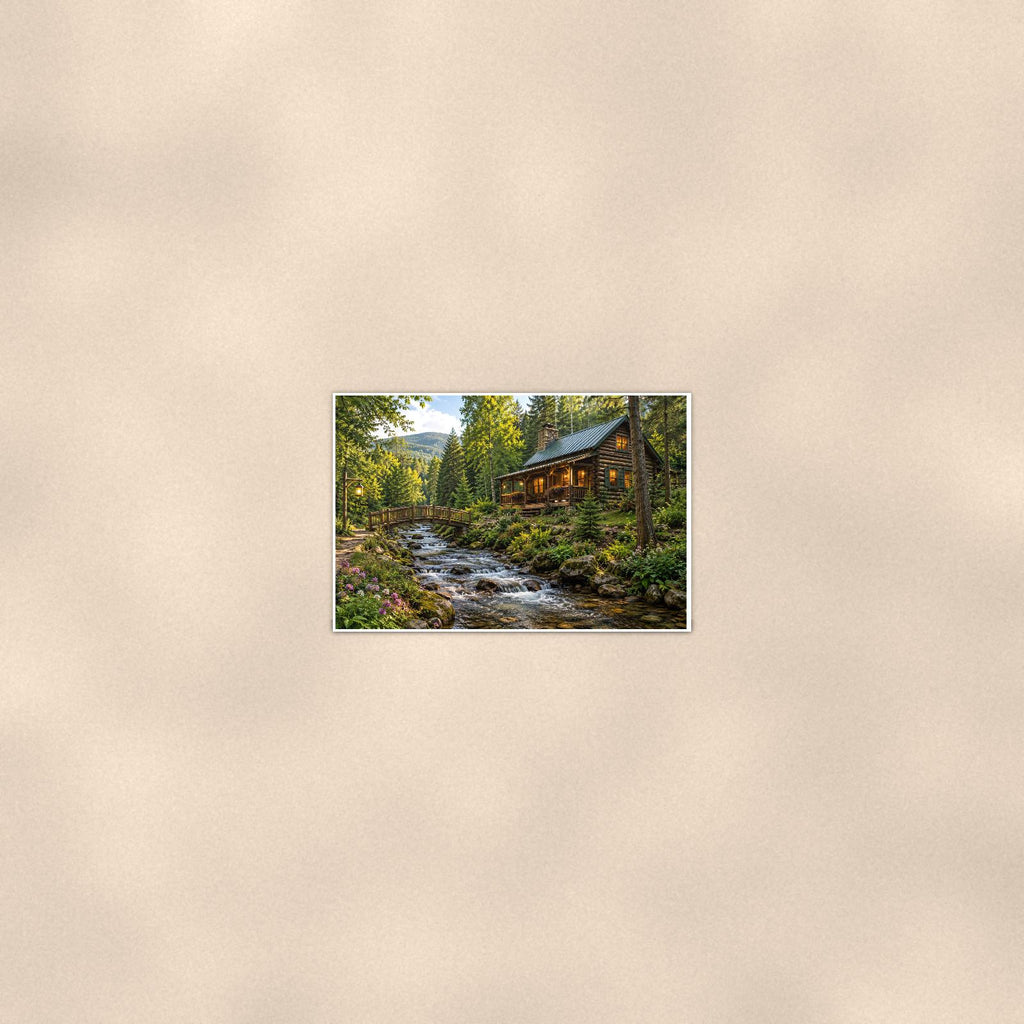 Woodland Creek Cabin — 36x24 in art print poster, premium luster paper with a white border; poster seen from further back, at true 24x36 in scale on a warm wall.