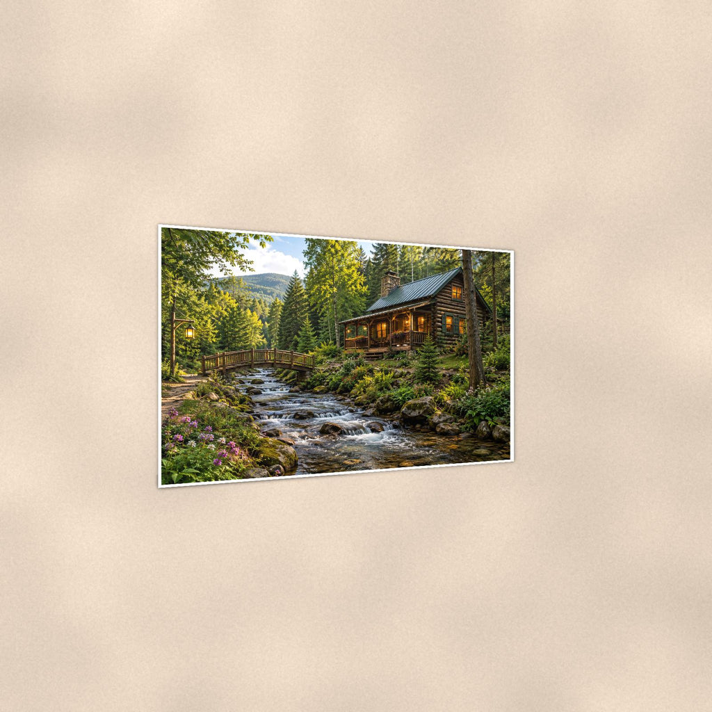 Woodland Creek Cabin — 36x24 in art print poster, premium luster paper with a white border; gentle three-quarter angle on a warm wall, showing the flat paper edge.