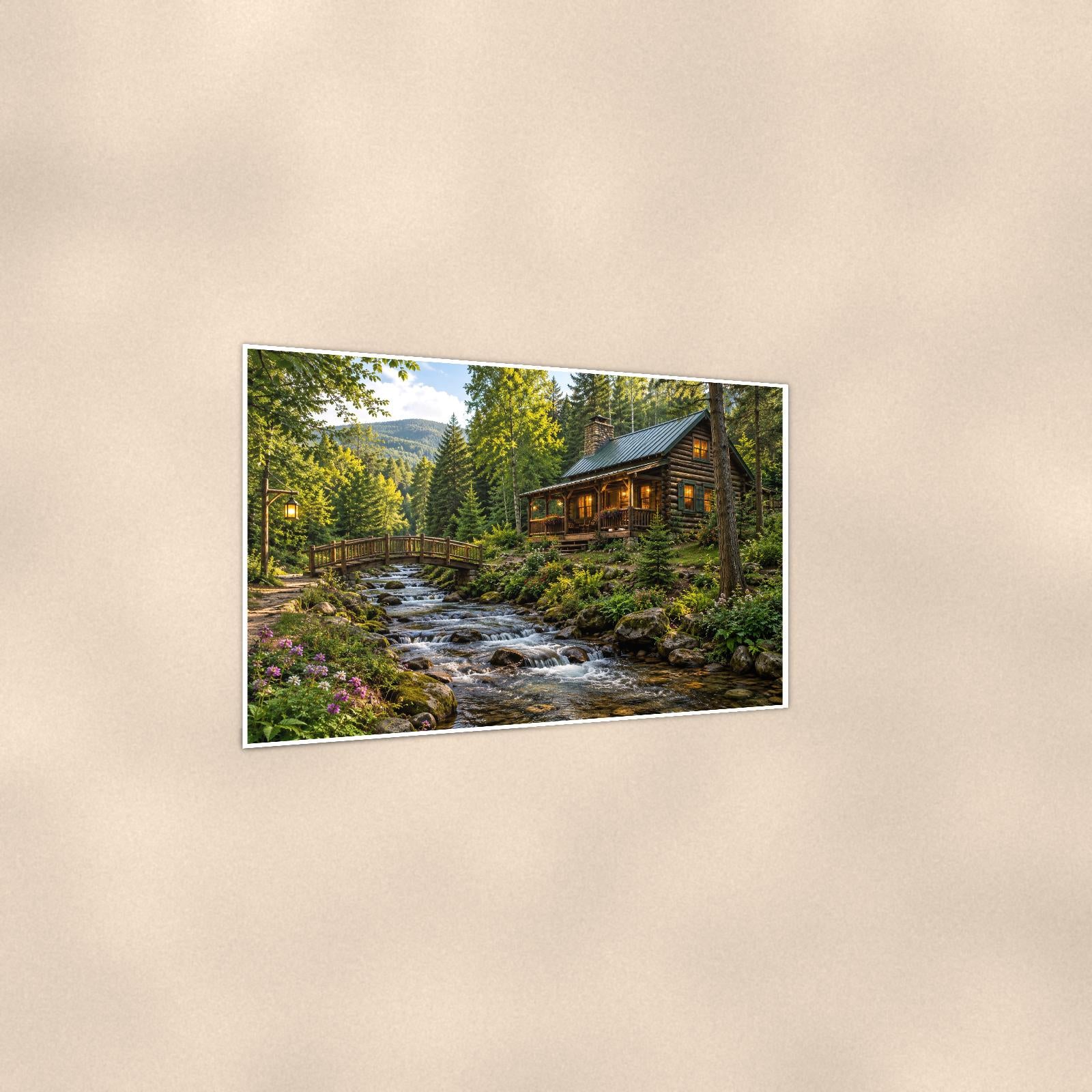 Woodland Creek Cabin — 36x24 in art print poster, premium luster paper with a white border; gentle three-quarter angle on a warm wall, showing the flat paper edge.