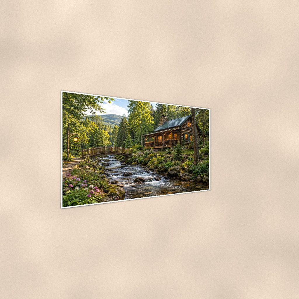 Woodland Creek Cabin — 36x24 in art print poster, premium luster paper with a white border; steeper three-quarter angle on a warm wall, catching the luster sheen.