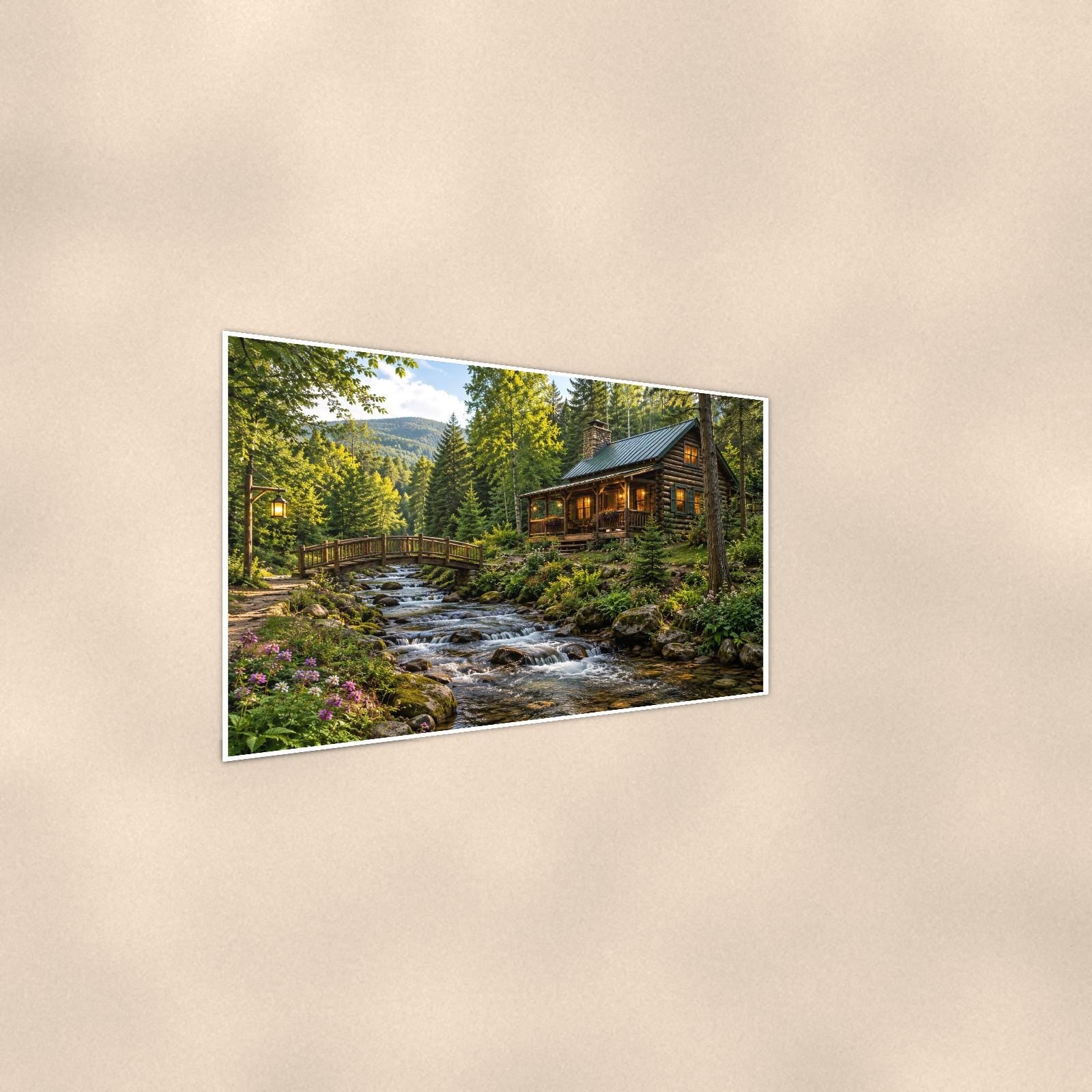 Woodland Creek Cabin — 36x24 in art print poster, premium luster paper with a white border; steeper three-quarter angle on a warm wall, catching the luster sheen.