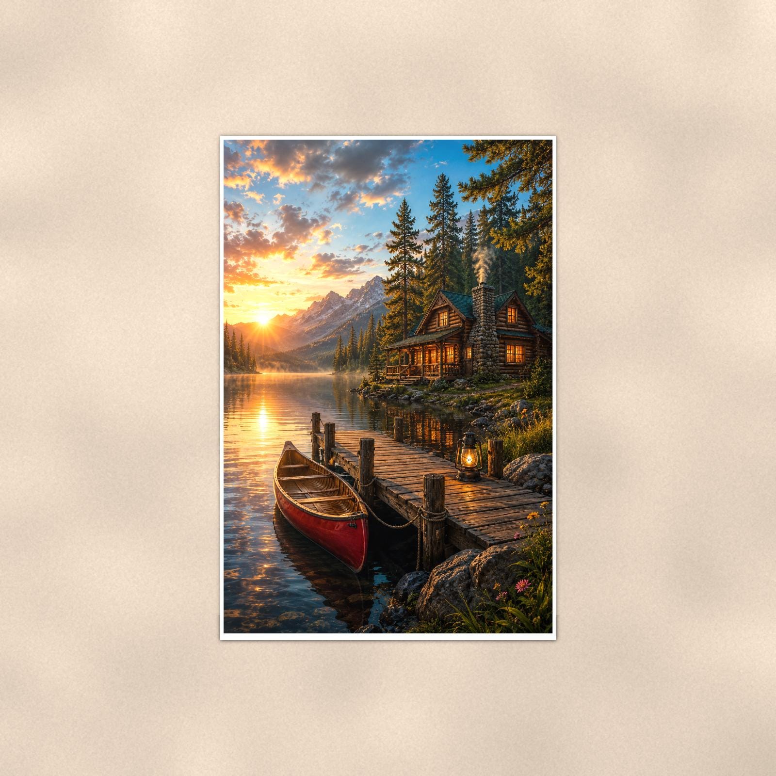 Cabin Canoe Dock — 24x36 in art print poster, premium luster paper with a white border; poster shown straight on against a warm wall.
