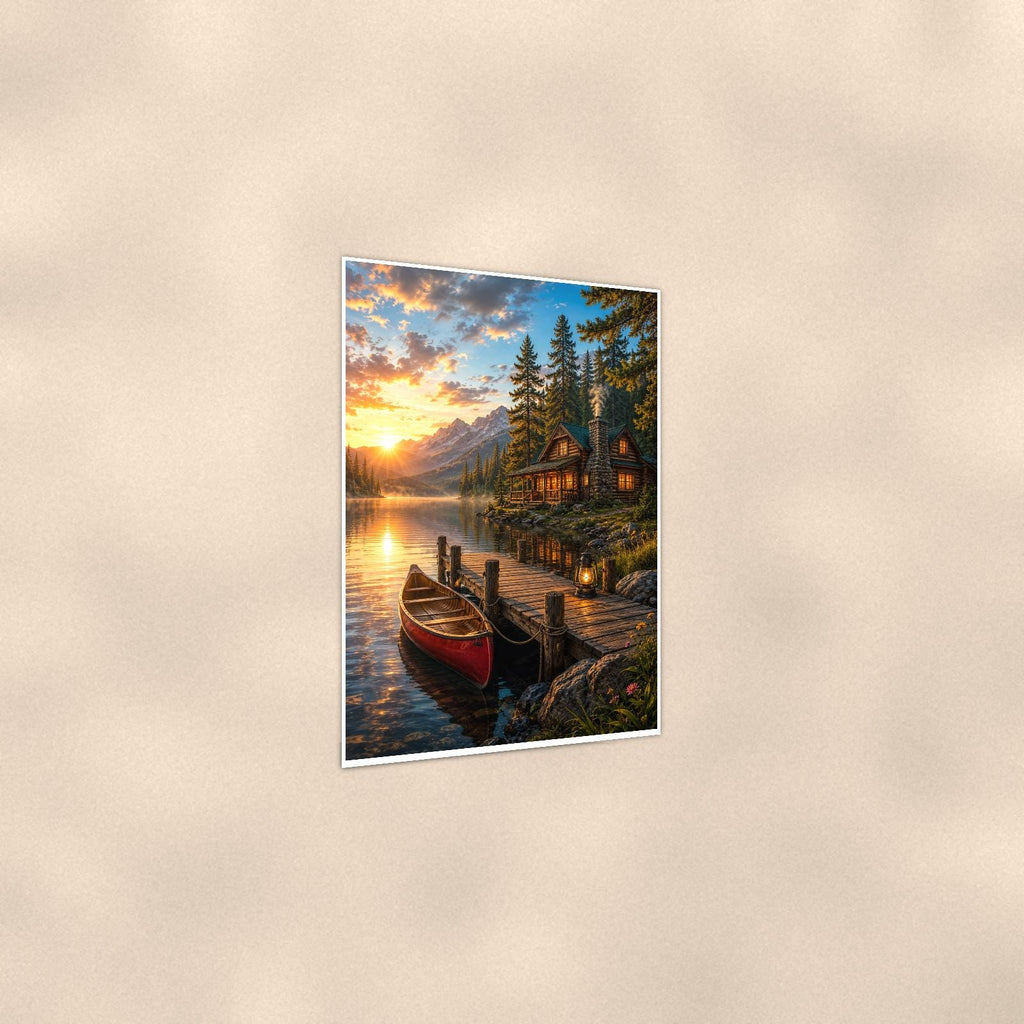 Cabin Canoe Dock — 24x36 in art print poster, premium luster paper with a white border; gentle three-quarter angle on a warm wall, showing the flat paper edge.