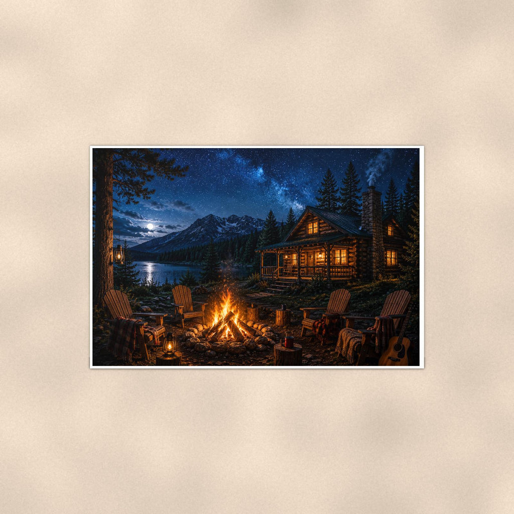 Night Cabin Campfire — 36x24 in art print poster, premium luster paper with a white border; poster shown straight on against a warm wall.