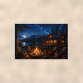 Night Cabin Campfire — 36x24 in art print poster, premium luster paper with a white border; poster shown straight on against a warm wall.