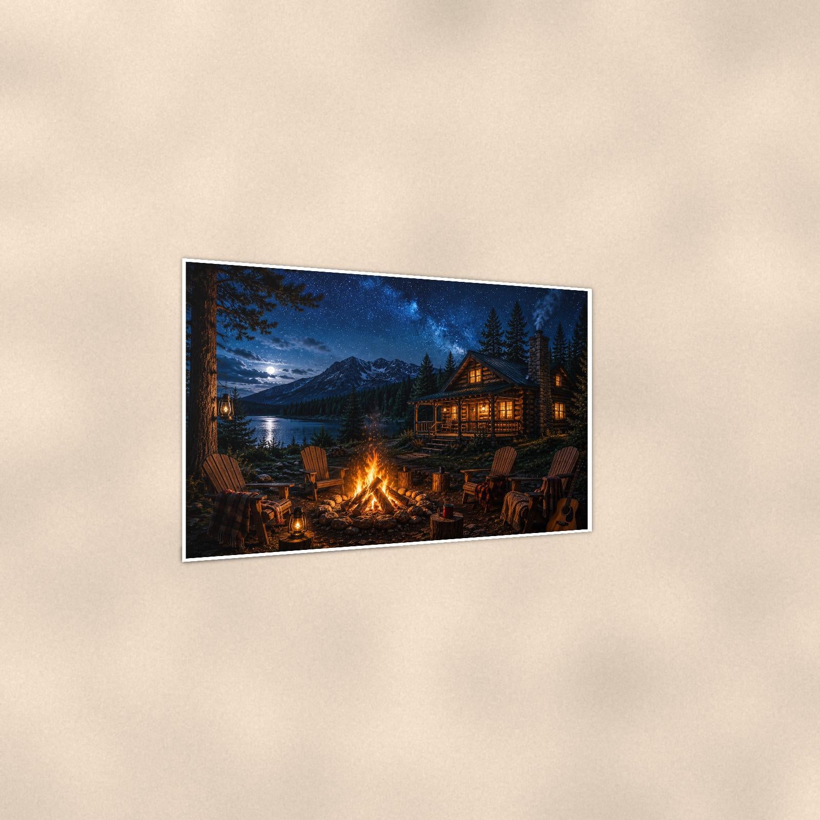 Night Cabin Campfire — 36x24 in art print poster, premium luster paper with a white border; gentle three-quarter angle on a warm wall, showing the flat paper edge.