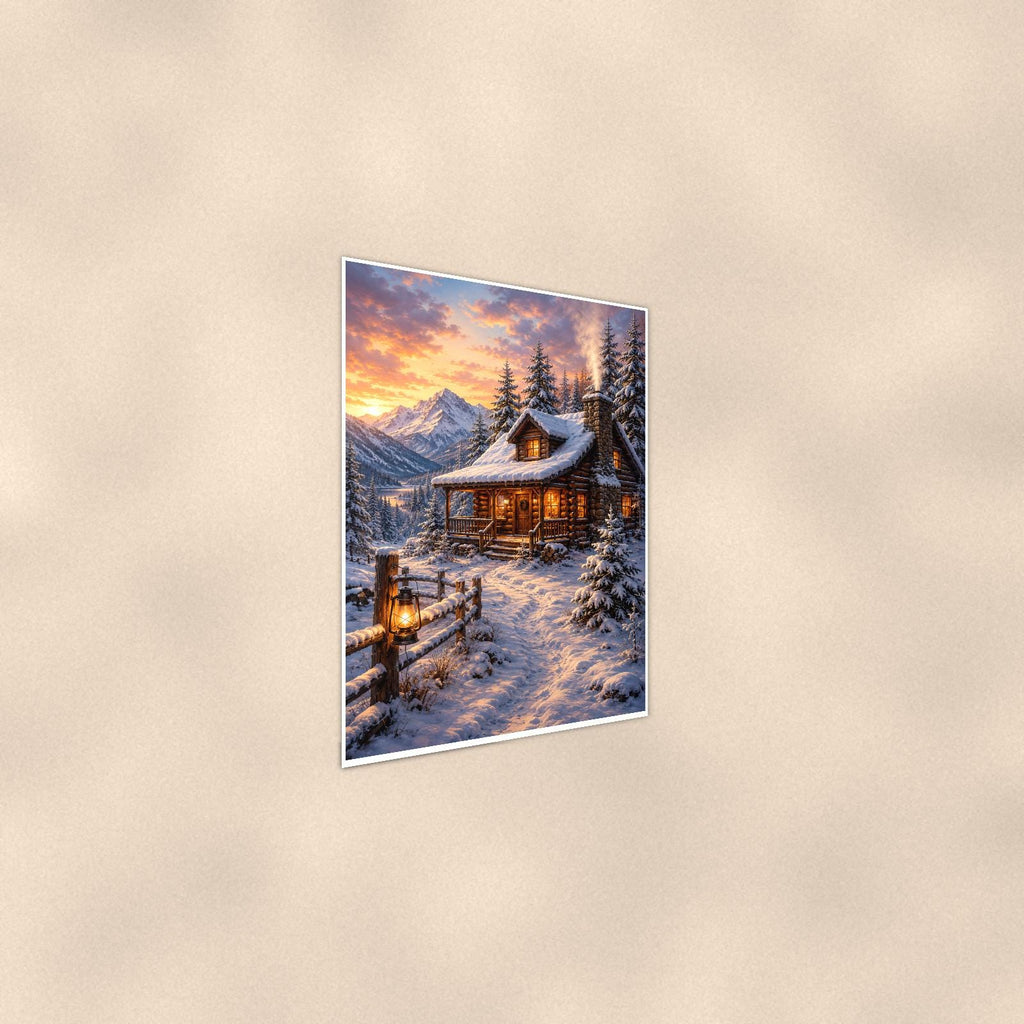 Snowy Porch Cabin — 24x36 in art print poster, premium luster paper with a white border; steeper three-quarter angle on a warm wall, catching the luster sheen.