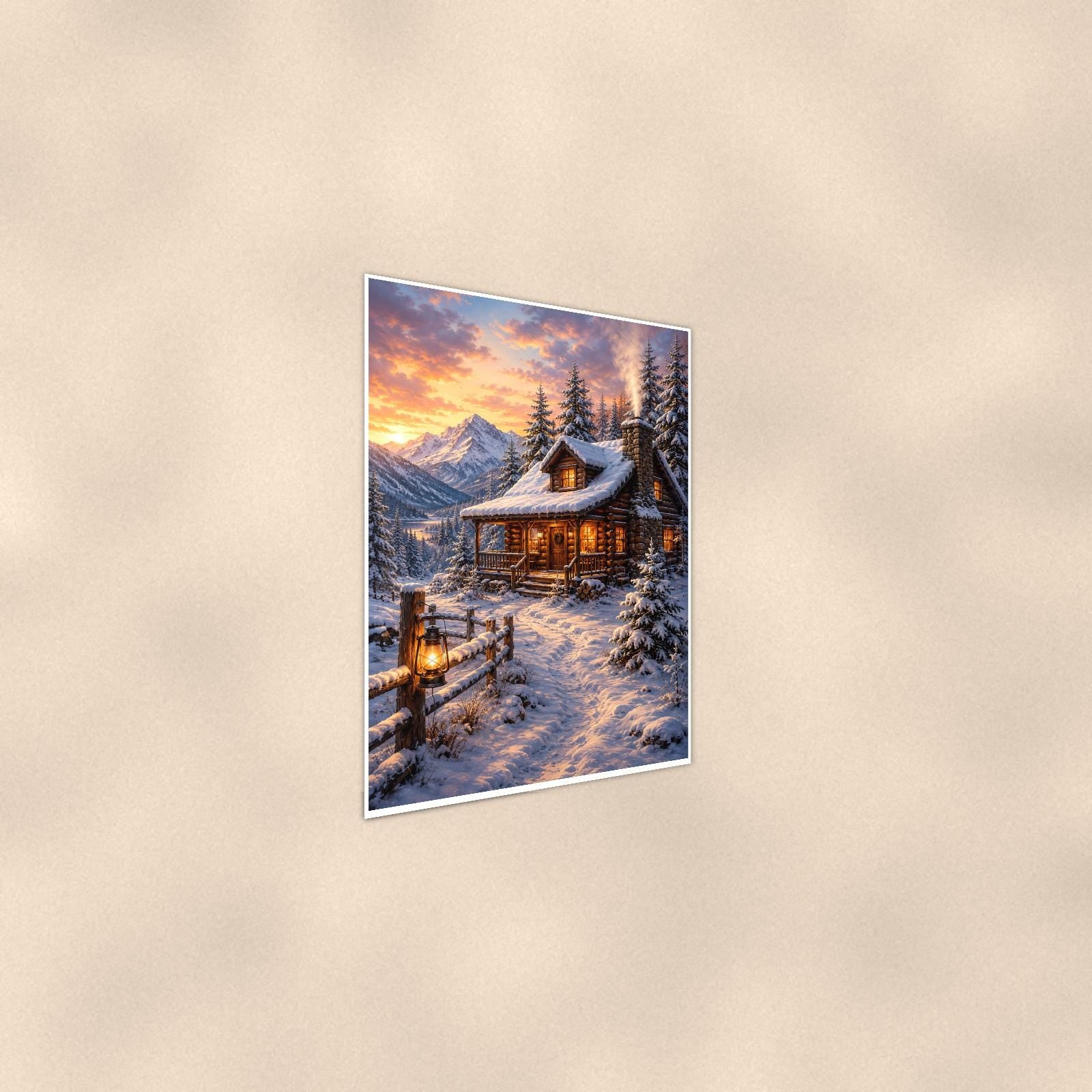 Snowy Porch Cabin — 24x36 in art print poster, premium luster paper with a white border; steeper three-quarter angle on a warm wall, catching the luster sheen.