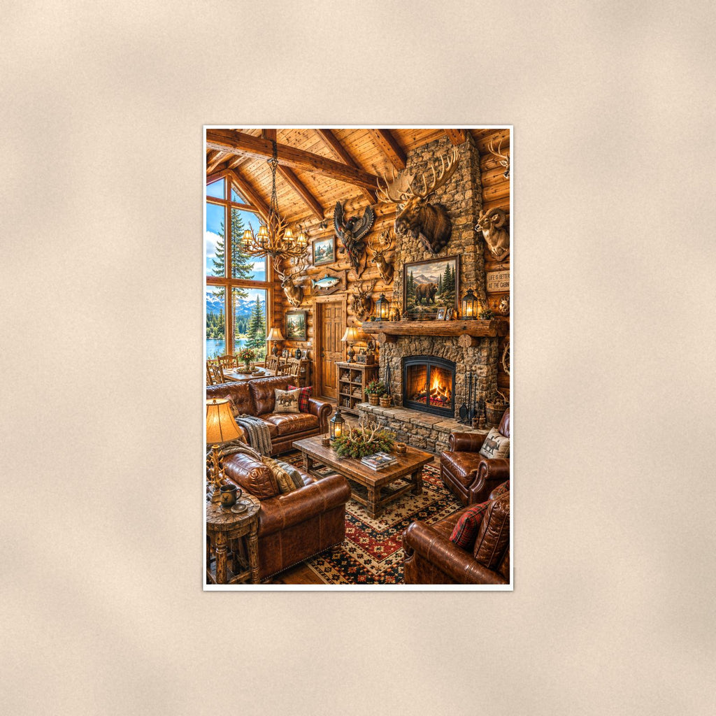 Rustic Cabin Interior — 24x36 in art print poster, premium luster paper with a white border; poster shown straight on against a warm wall.