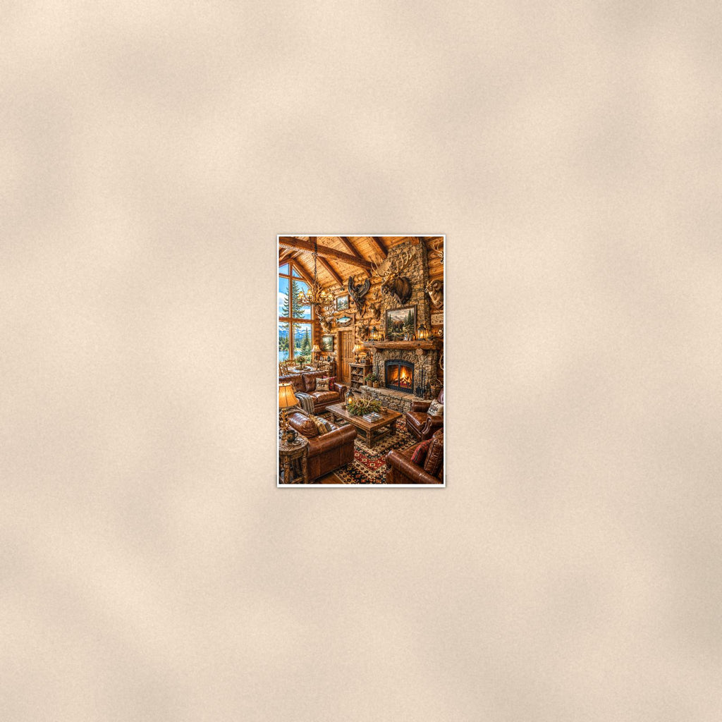 Rustic Cabin Interior — 24x36 in art print poster, premium luster paper with a white border; poster seen from further back, at true 24x36 in scale on a warm wall.