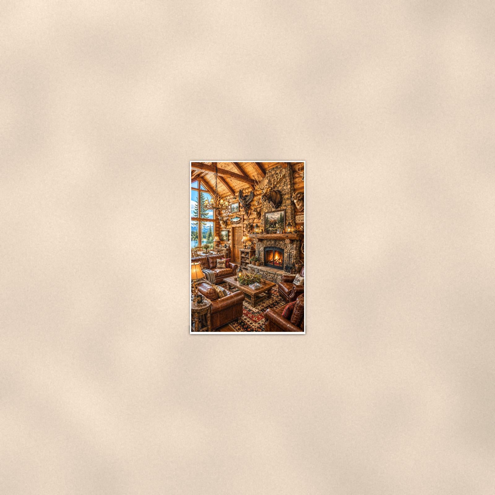 Rustic Cabin Interior — 24x36 in art print poster, premium luster paper with a white border; poster seen from further back, at true 24x36 in scale on a warm wall.