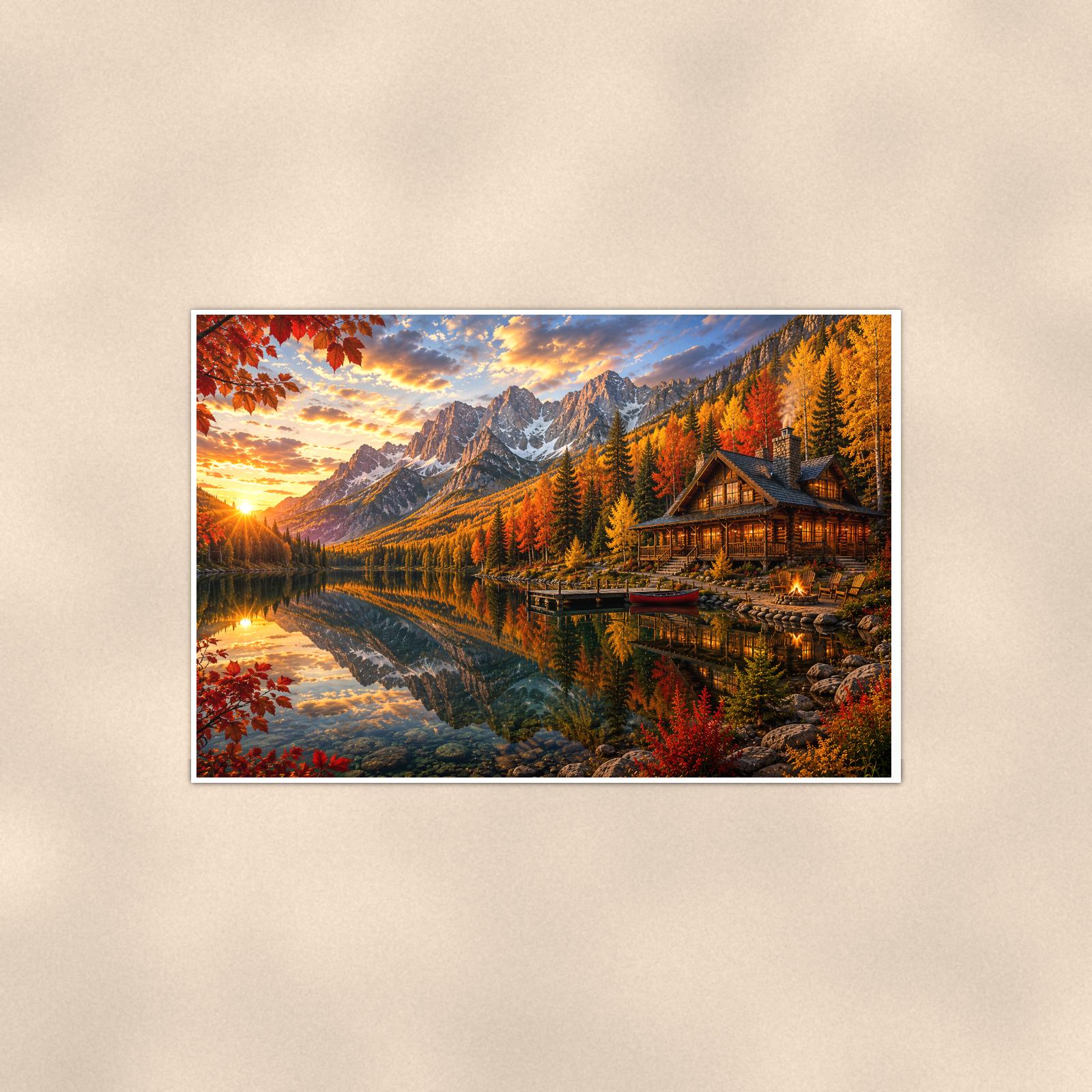 Autumn Lake Cabin — 36x24 in art print poster, premium luster paper with a white border; poster shown straight on against a warm wall.