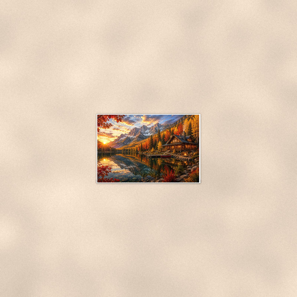 Autumn Lake Cabin — 36x24 in art print poster, premium luster paper with a white border; poster seen from further back, at true 24x36 in scale on a warm wall.