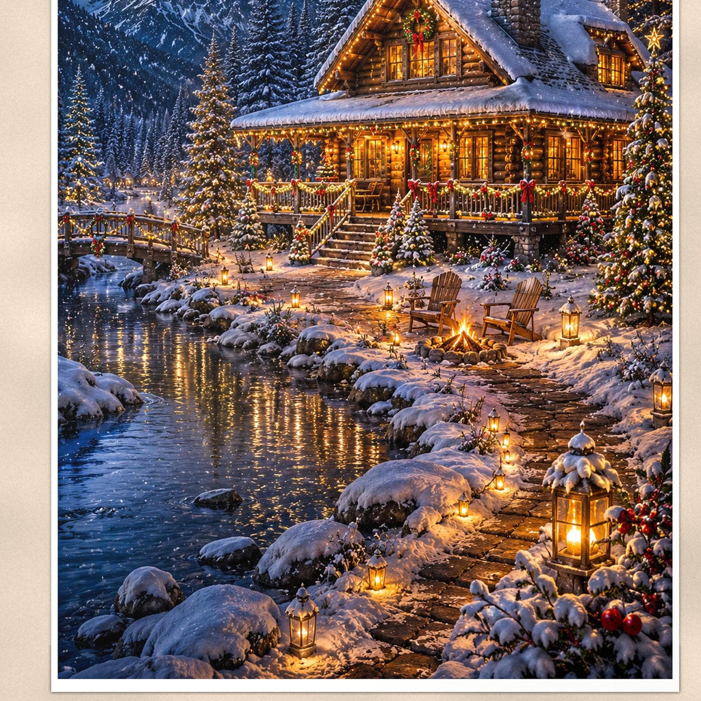 Snowy Cabin Lake — 24x36 in art print poster, premium luster paper with a white border; close-up framed on the main subject of the artwork, paper surface visible.