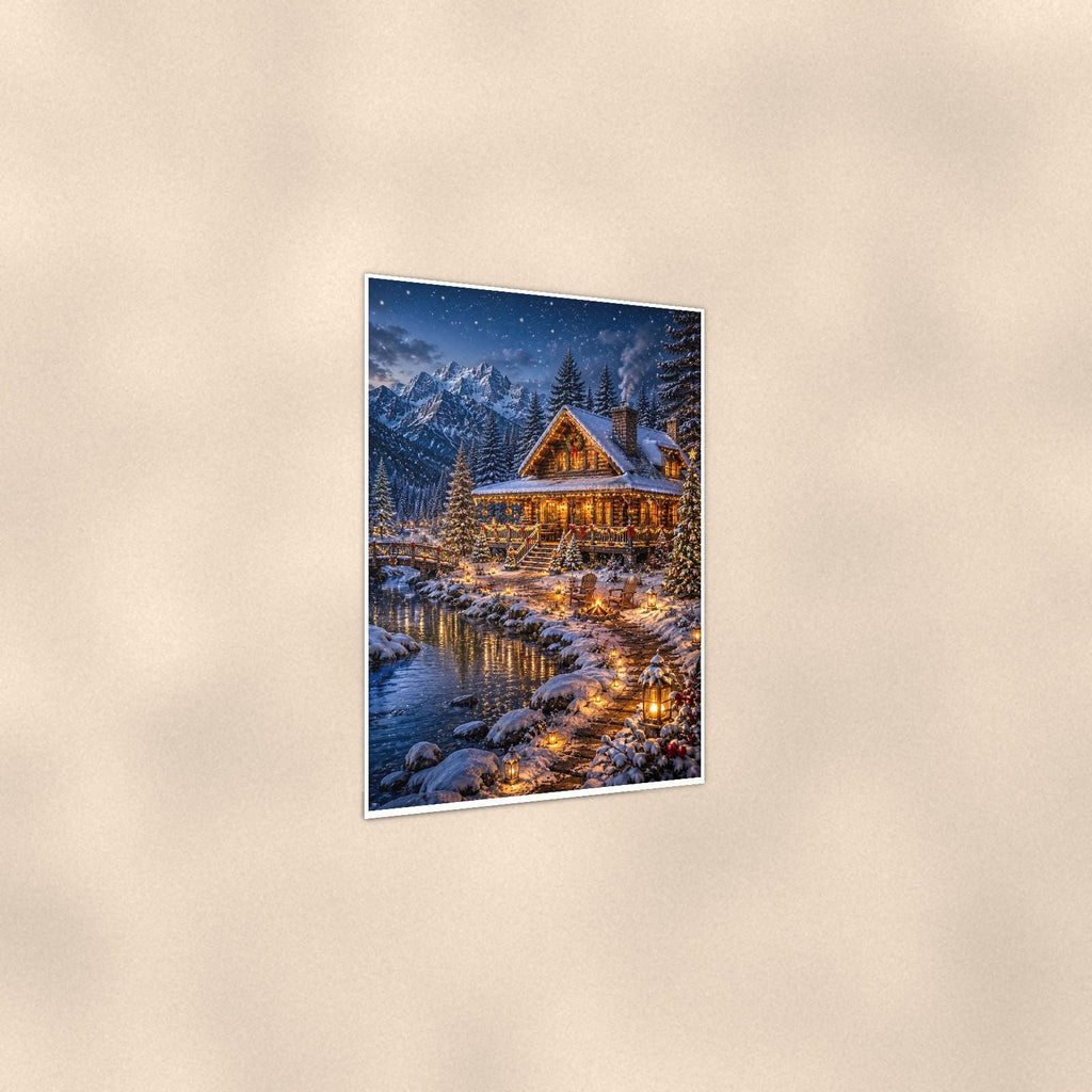 Snowy Cabin Lake — 24x36 in art print poster, premium luster paper with a white border; gentle three-quarter angle on a warm wall, showing the flat paper edge.