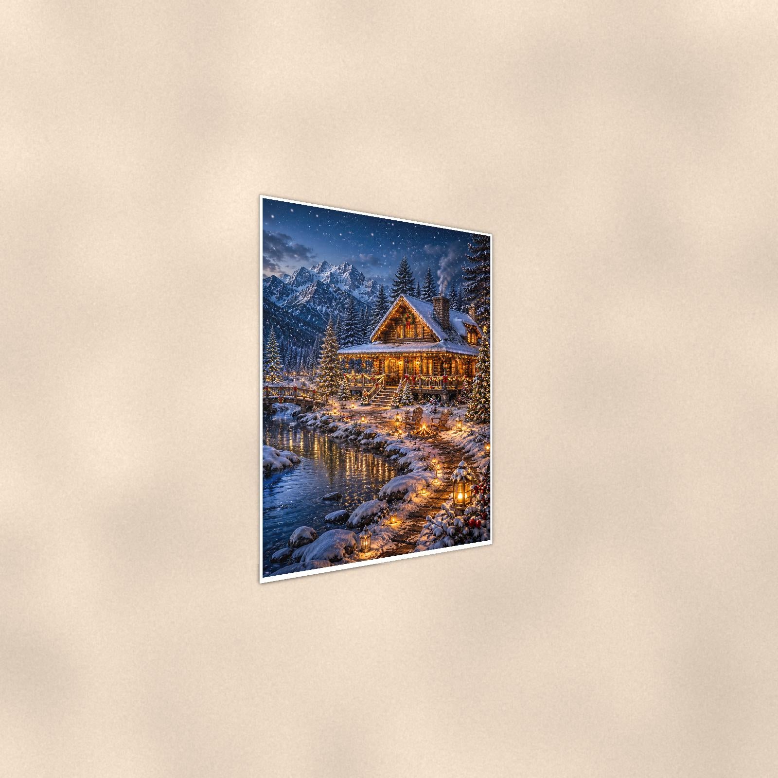 Snowy Cabin Lake — 24x36 in art print poster, premium luster paper with a white border; steeper three-quarter angle on a warm wall, catching the luster sheen.