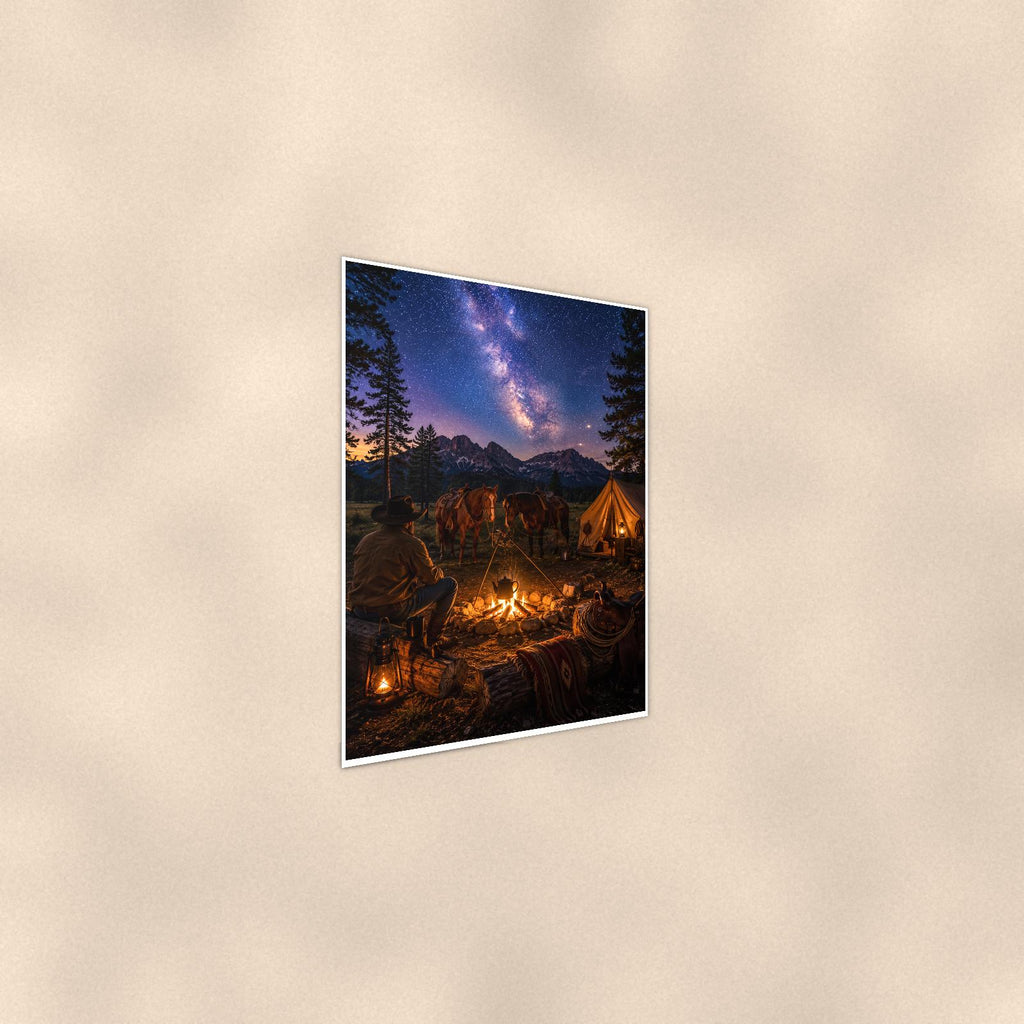 Starry Campfire Tents — 24x36 in art print poster, premium luster paper with a white border; steeper three-quarter angle on a warm wall, catching the luster sheen.