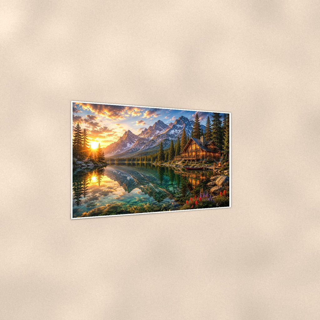 Mountain Lake Cabin — 36x24 in art print poster, premium luster paper with a white border; gentle three-quarter angle on a warm wall, showing the flat paper edge.