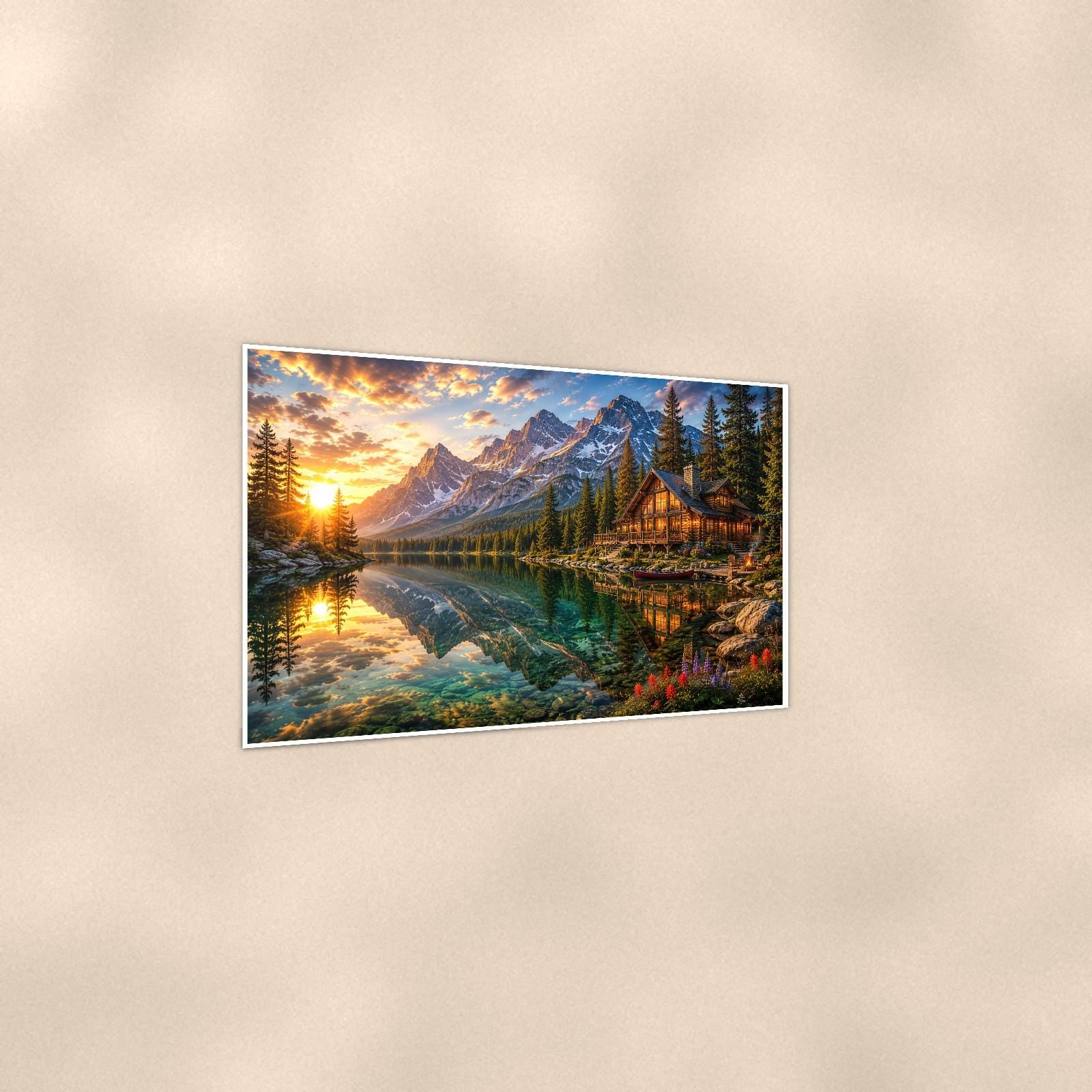 Mountain Lake Cabin — 36x24 in art print poster, premium luster paper with a white border; gentle three-quarter angle on a warm wall, showing the flat paper edge.