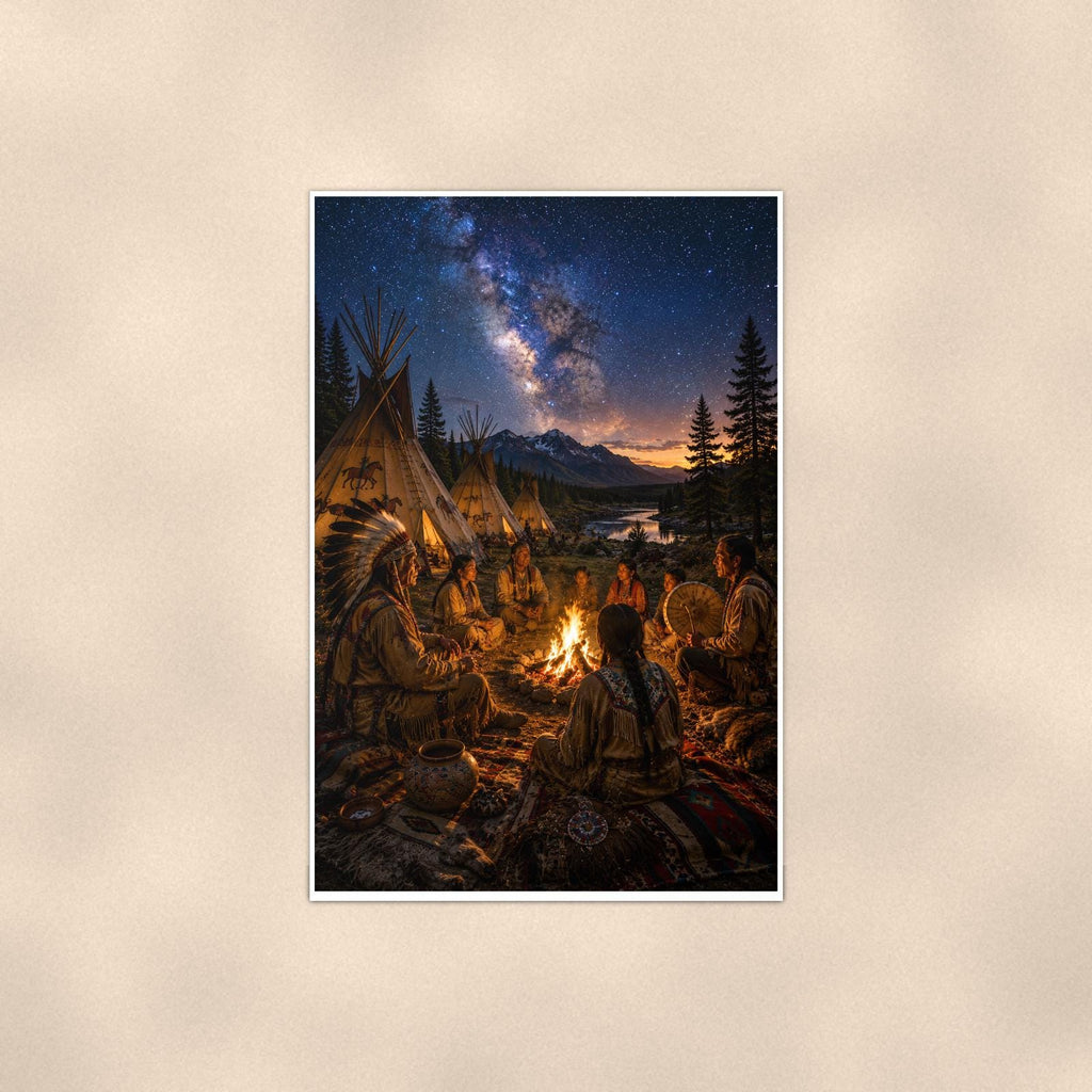 Starry Family Campfire — 24x36 in art print poster, premium luster paper with a white border; poster shown straight on against a warm wall.