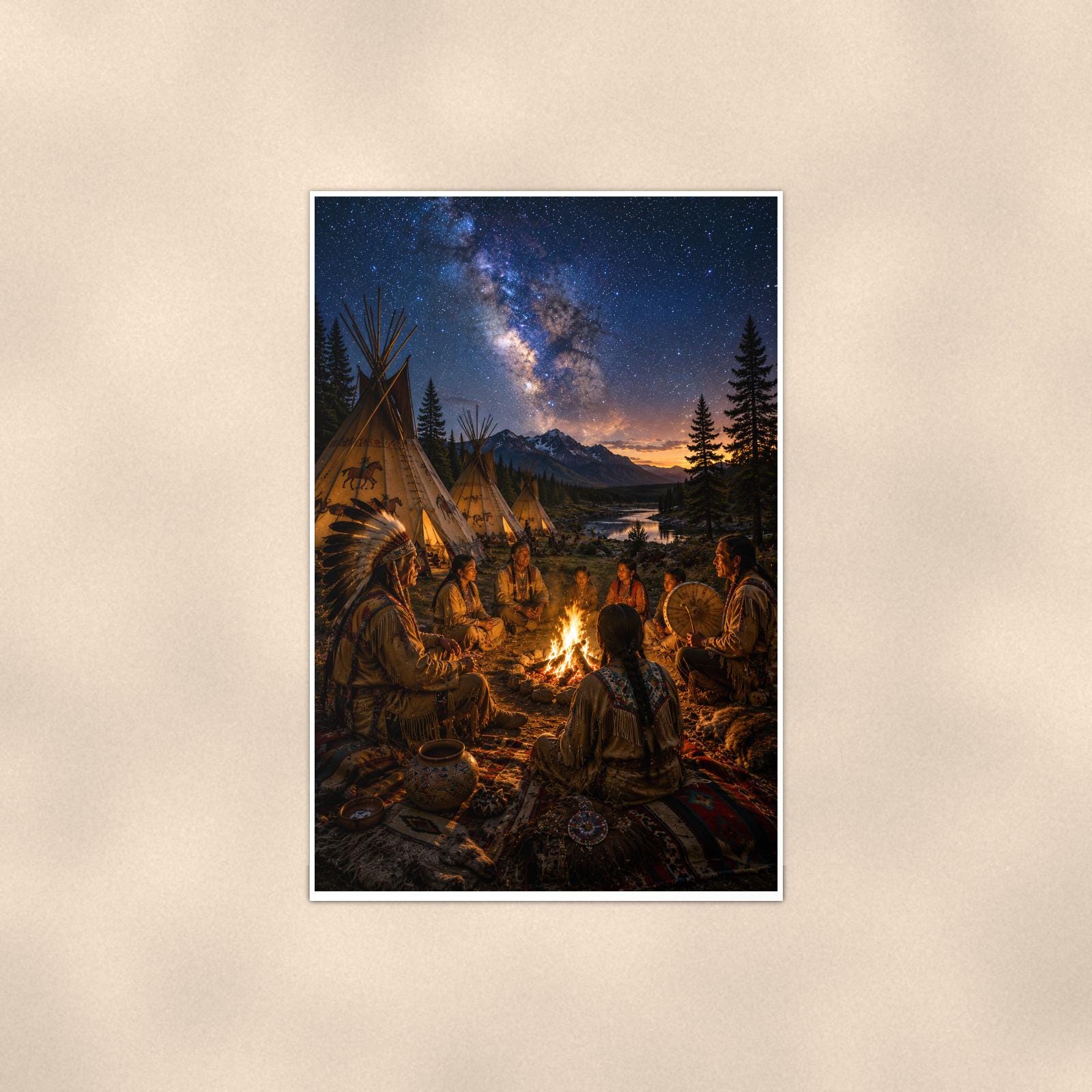 Starry Family Campfire — 24x36 in art print poster, premium luster paper with a white border; poster shown straight on against a warm wall.