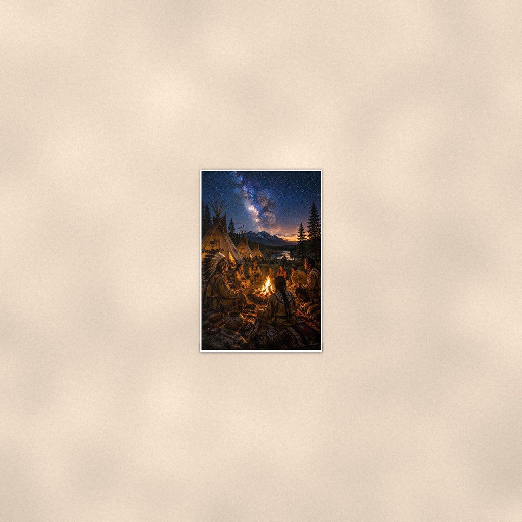 Starry Family Campfire — 24x36 in art print poster, premium luster paper with a white border; poster seen from further back, at true 24x36 in scale on a warm wall.