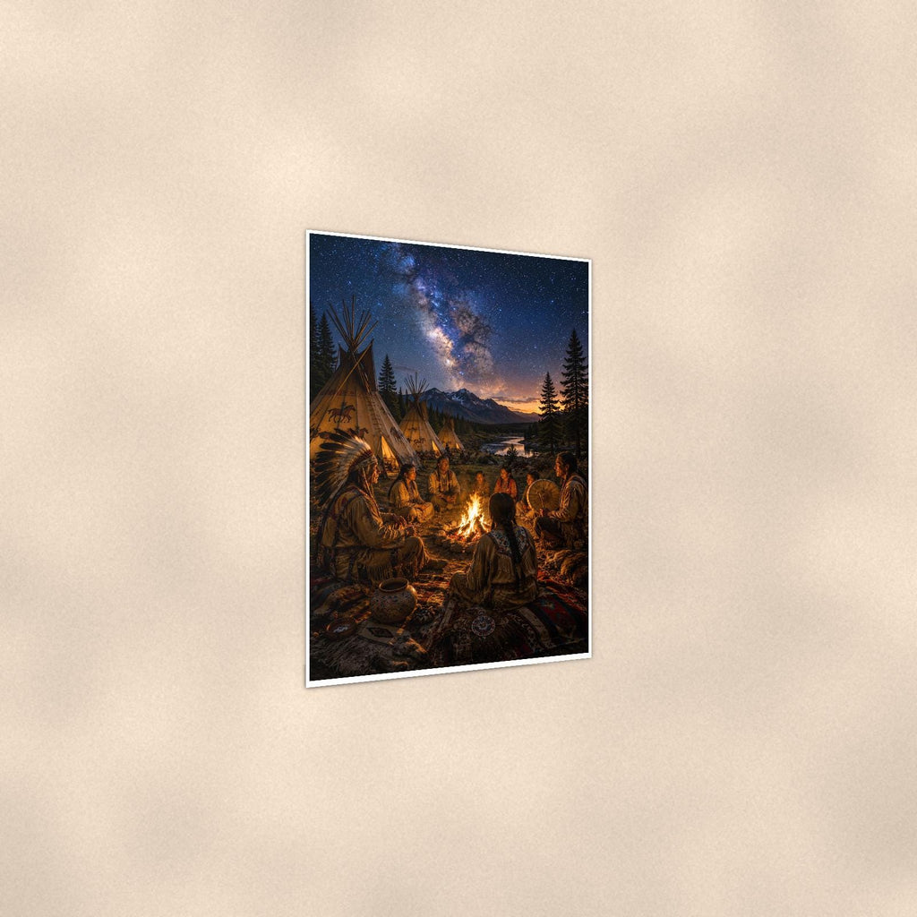 Starry Family Campfire — 24x36 in art print poster, premium luster paper with a white border; gentle three-quarter angle on a warm wall, showing the flat paper edge.