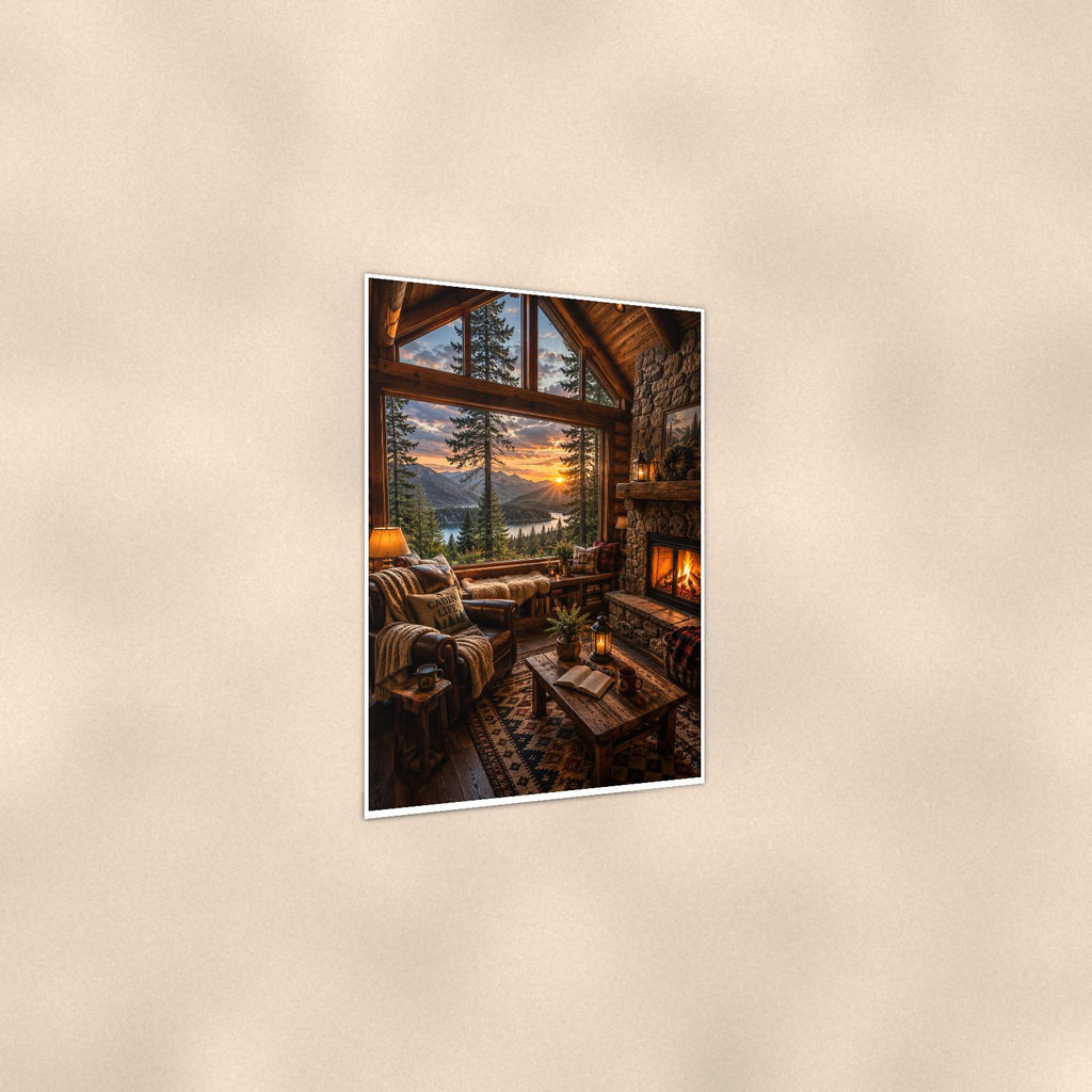 Cozy Cabin Interior — 24x36 in art print poster, premium luster paper with a white border; gentle three-quarter angle on a warm wall, showing the flat paper edge.