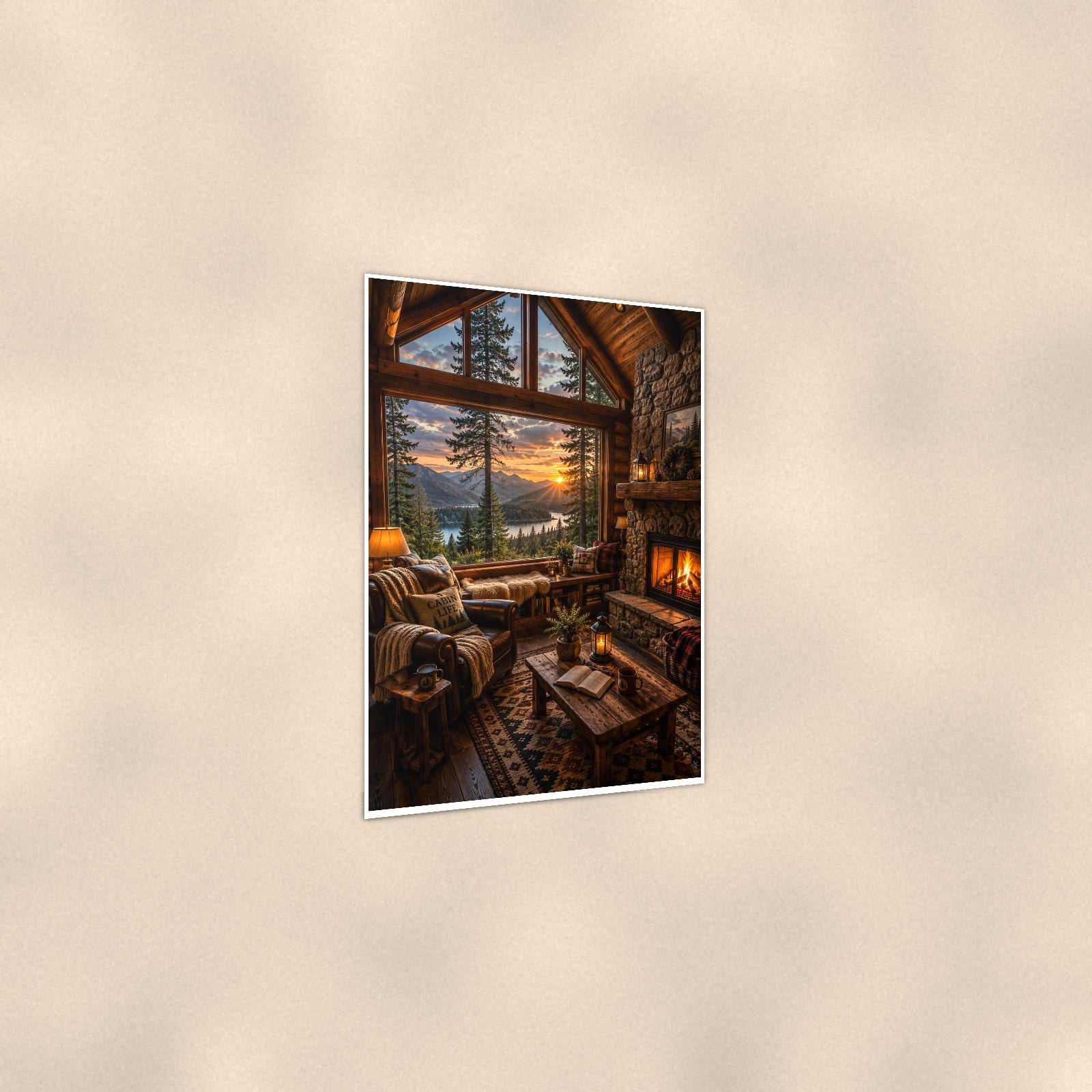 Cozy Cabin Interior — 24x36 in art print poster, premium luster paper with a white border; gentle three-quarter angle on a warm wall, showing the flat paper edge.