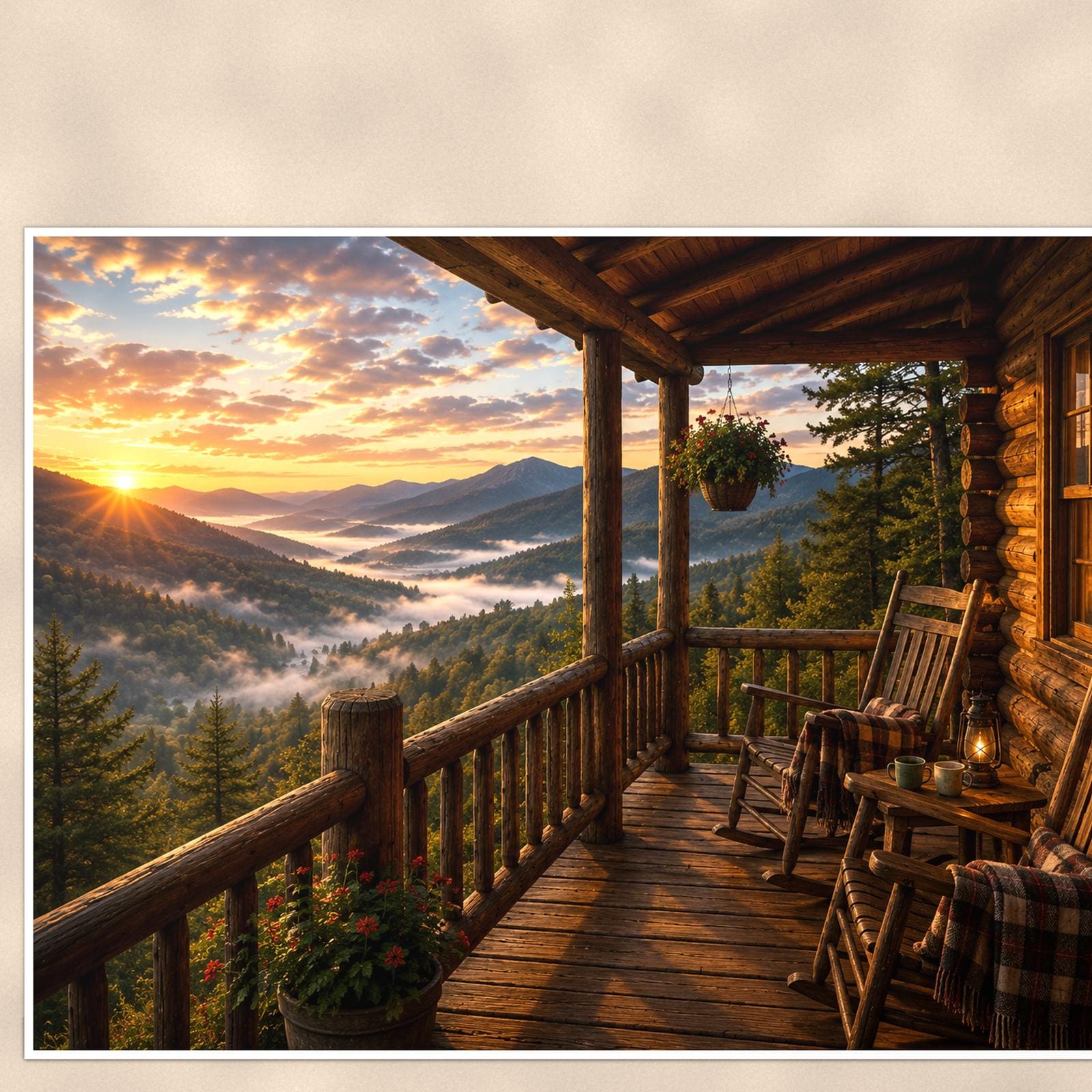 Mountain Porch Rockers — 36x24 in art print poster, premium luster paper with a white border; close-up framed on the main subject of the artwork, paper surface visible.