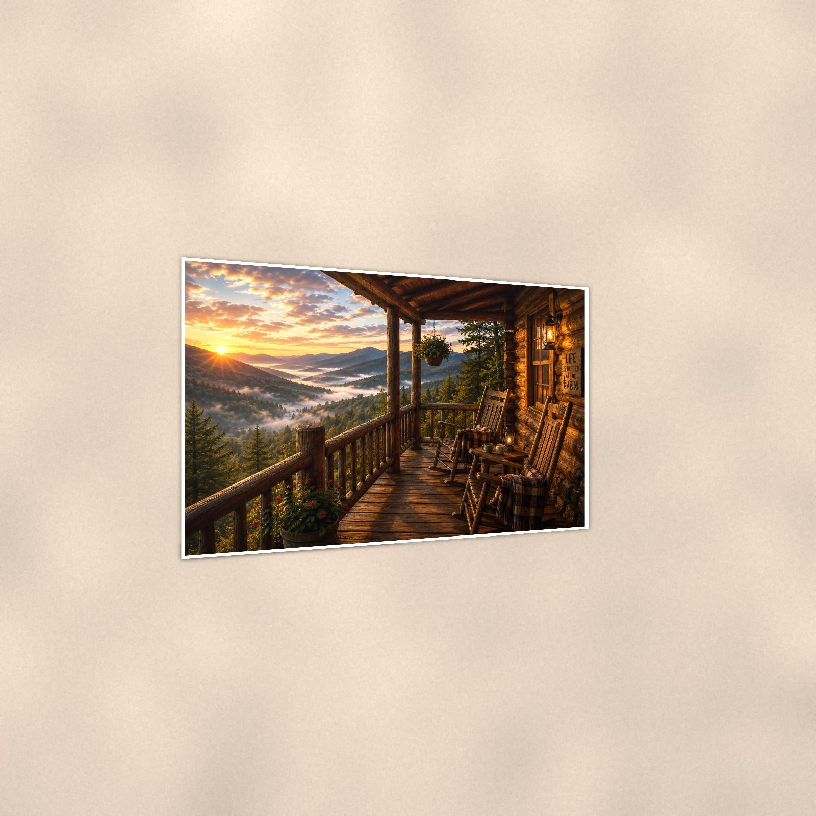 Mountain Porch Rockers — 36x24 in art print poster, premium luster paper with a white border; gentle three-quarter angle on a warm wall, showing the flat paper edge.