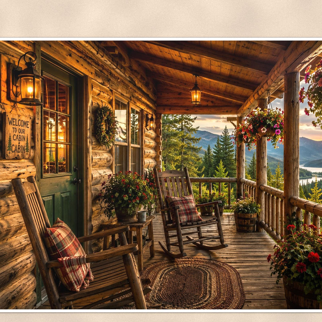 Cabin Porch Sunset — 36x24 in art print poster, premium luster paper with a white border; close-up framed on the main subject of the artwork, paper surface visible.