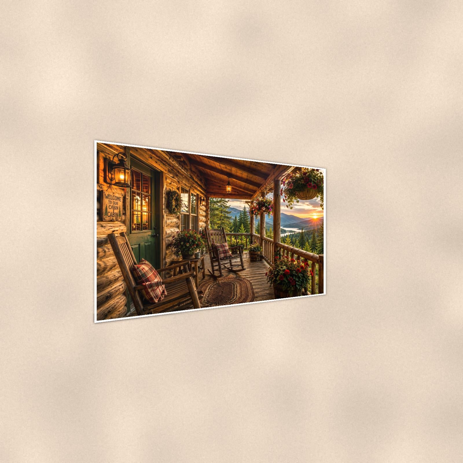 Cabin Porch Sunset — 36x24 in art print poster, premium luster paper with a white border; steeper three-quarter angle on a warm wall, catching the luster sheen.