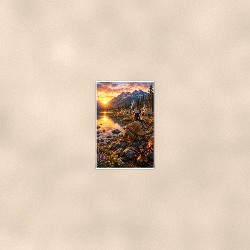 Mountain Lake Fishing — 24x36 in art print poster, premium luster paper with a white border; poster seen from further back, at true 24x36 in scale on a warm wall.