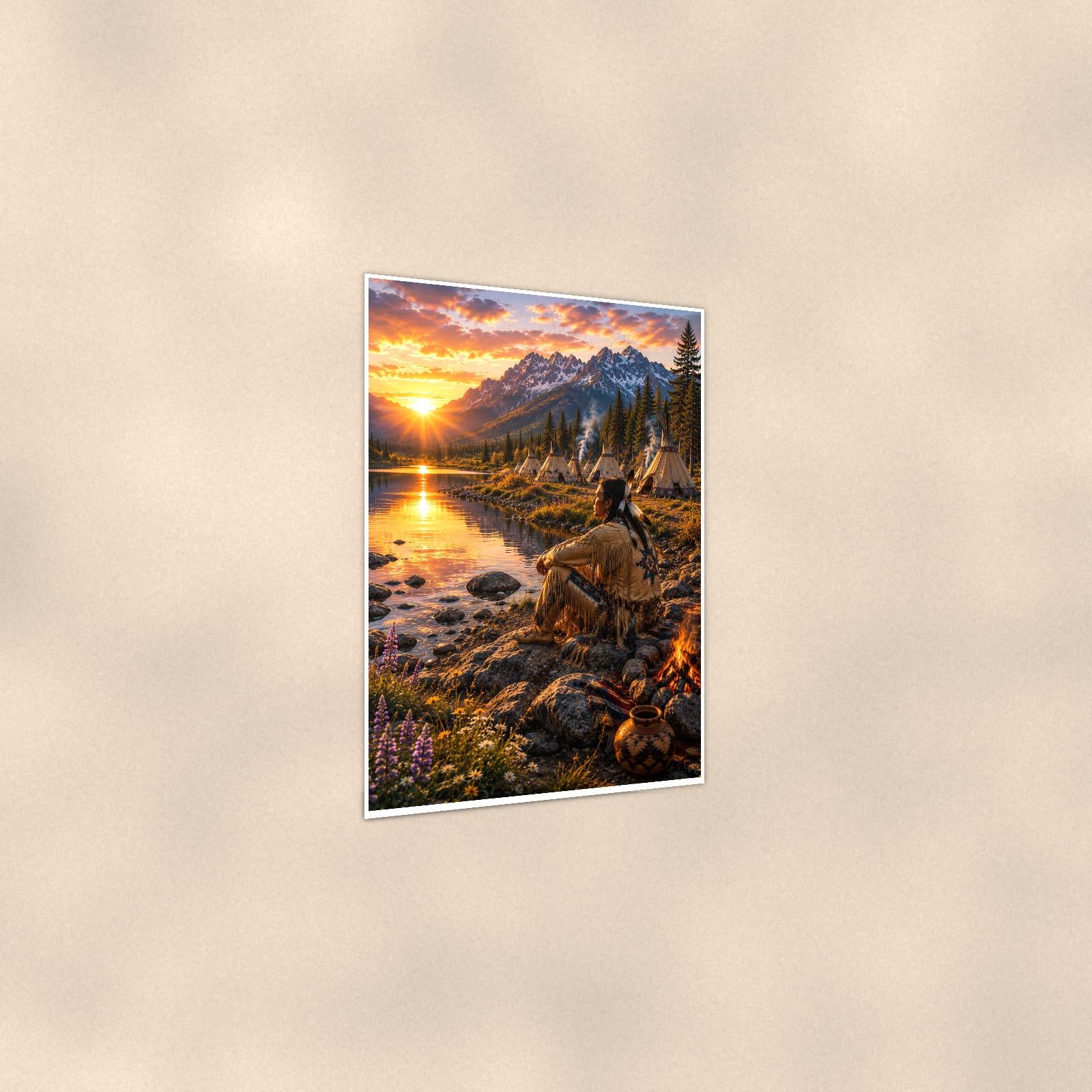Mountain Lake Fishing — 24x36 in art print poster, premium luster paper with a white border; gentle three-quarter angle on a warm wall, showing the flat paper edge.
