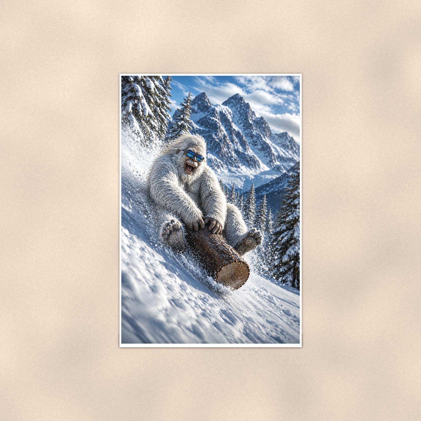 Log Sled Yeti — 24x36 in art print poster, premium luster paper with a white border; poster shown straight on against a warm wall.