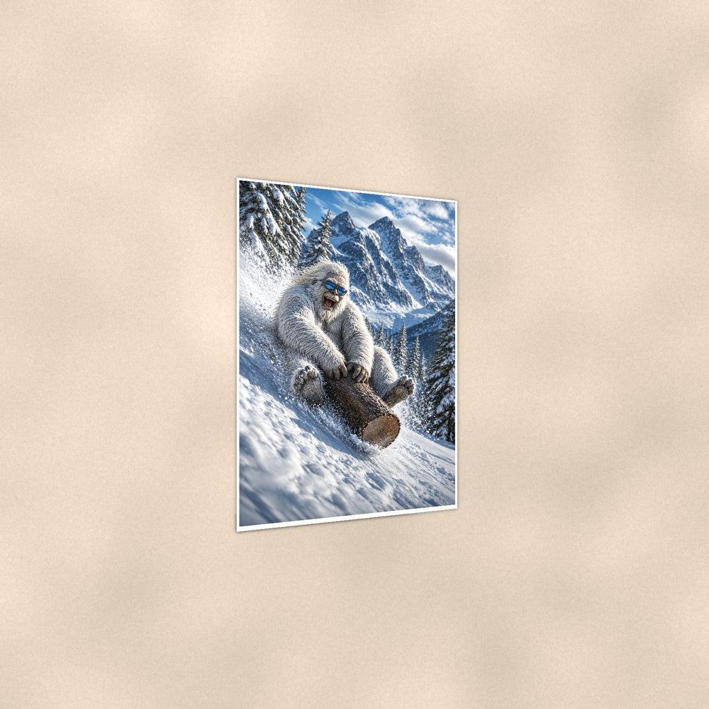Log Sled Yeti — 24x36 in art print poster, premium luster paper with a white border; gentle three-quarter angle on a warm wall, showing the flat paper edge.