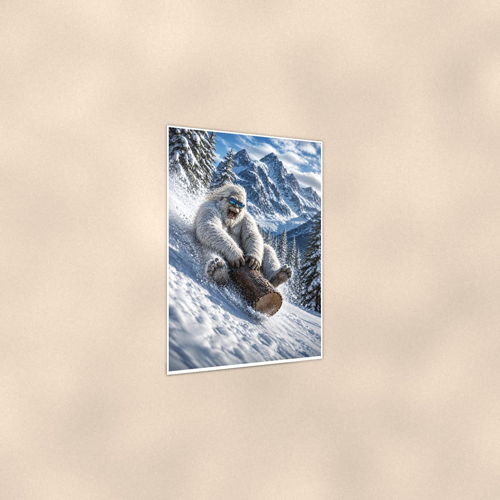 Log Sled Yeti — 24x36 in art print poster, premium luster paper with a white border; gentle three-quarter angle on a warm wall, showing the flat paper edge.
