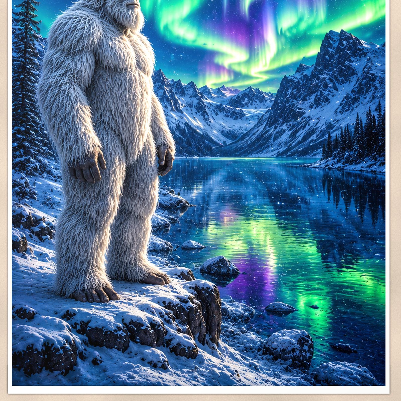 Aurora Lake Yeti — 24x36 in art print poster, premium luster paper with a white border; close-up framed on the main subject of the artwork, paper surface visible.