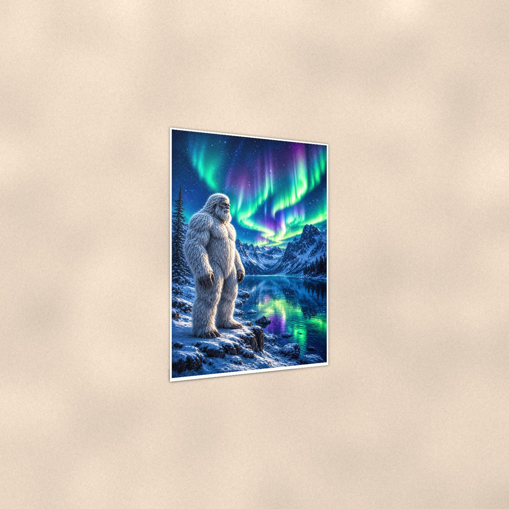 Aurora Lake Yeti — 24x36 in art print poster, premium luster paper with a white border; gentle three-quarter angle on a warm wall, showing the flat paper edge.