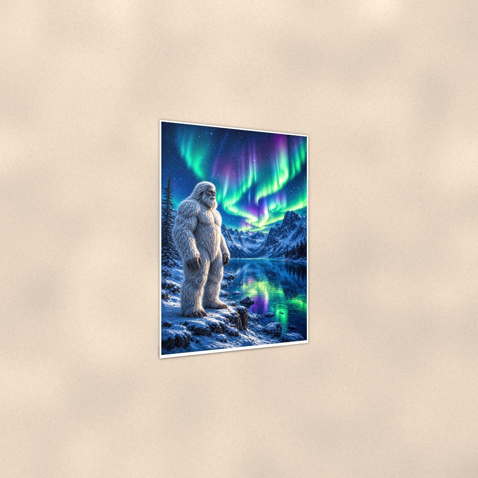 Aurora Lake Yeti — 24x36 in art print poster, premium luster paper with a white border; gentle three-quarter angle on a warm wall, showing the flat paper edge.